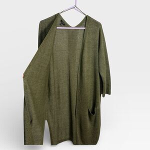 Talbots Linen Long Cardigan Open Front Olive Green Pockets V-neck Lightweight 1X